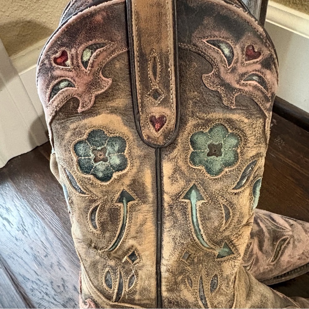 Dan Post Leather Arrows Floral Boots Vintage Distressed Cowgirl Western Snip 7.5